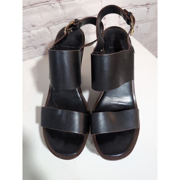 Tory Burch Lexington Black Leather Platform Wedge Sandals 9 Heels - Picture 6 of 13